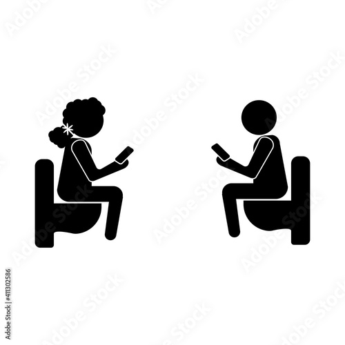 Online communication sign. Man and woman holding telephones on the toilet sign eps ten