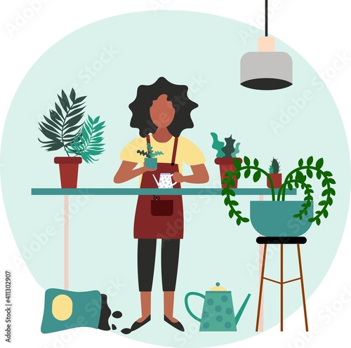 Young women at greenhouse. Girl with watering can taking care of houseplants growing in pots or planters. Vector illustration. Care isolated houseplant, gardering. Plants.
