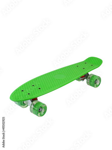 Green cruiser longboard skateboard plastboard with green wheels isolated on white background, front view