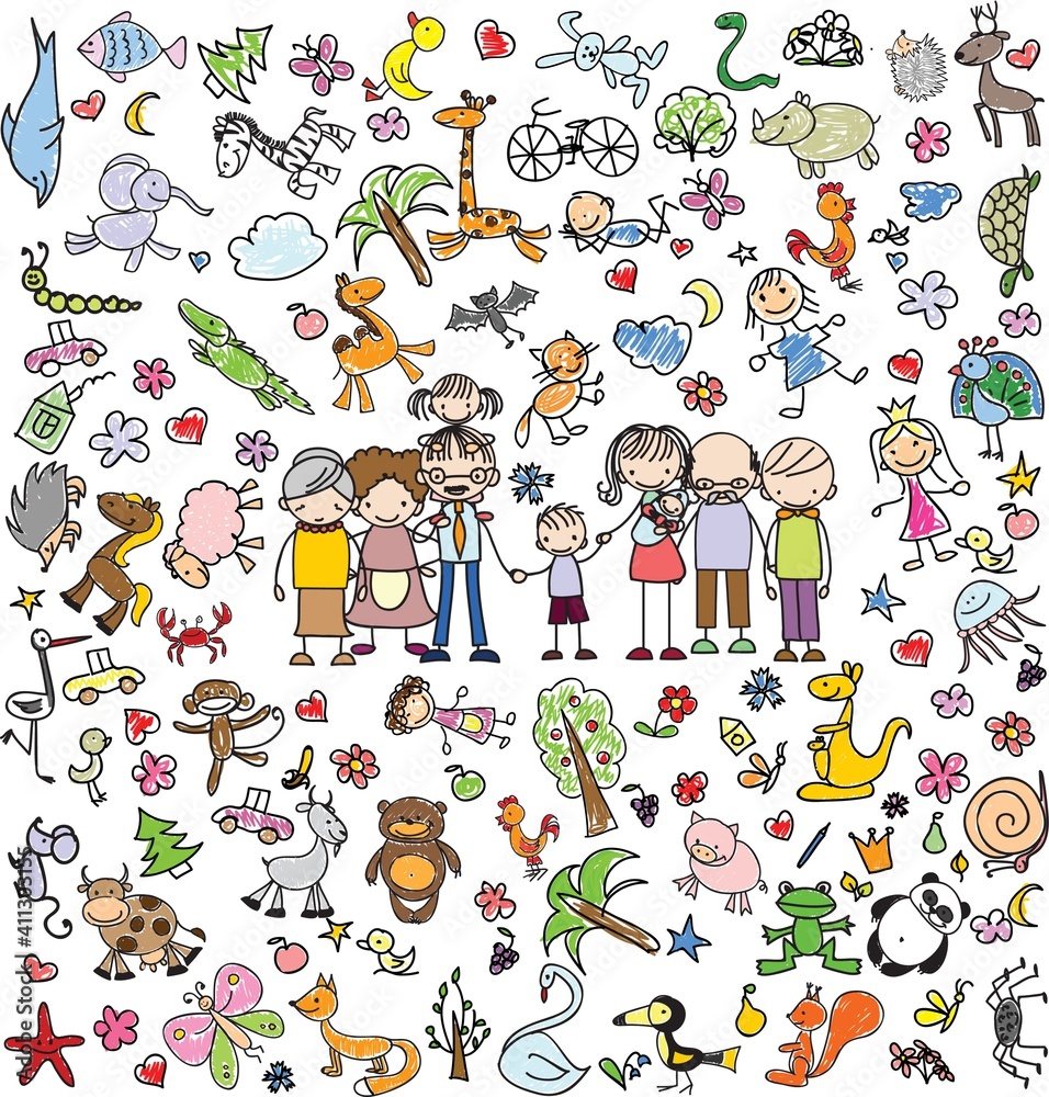 Fototapeta premium Children's drawings of doodle animals, people, flowers