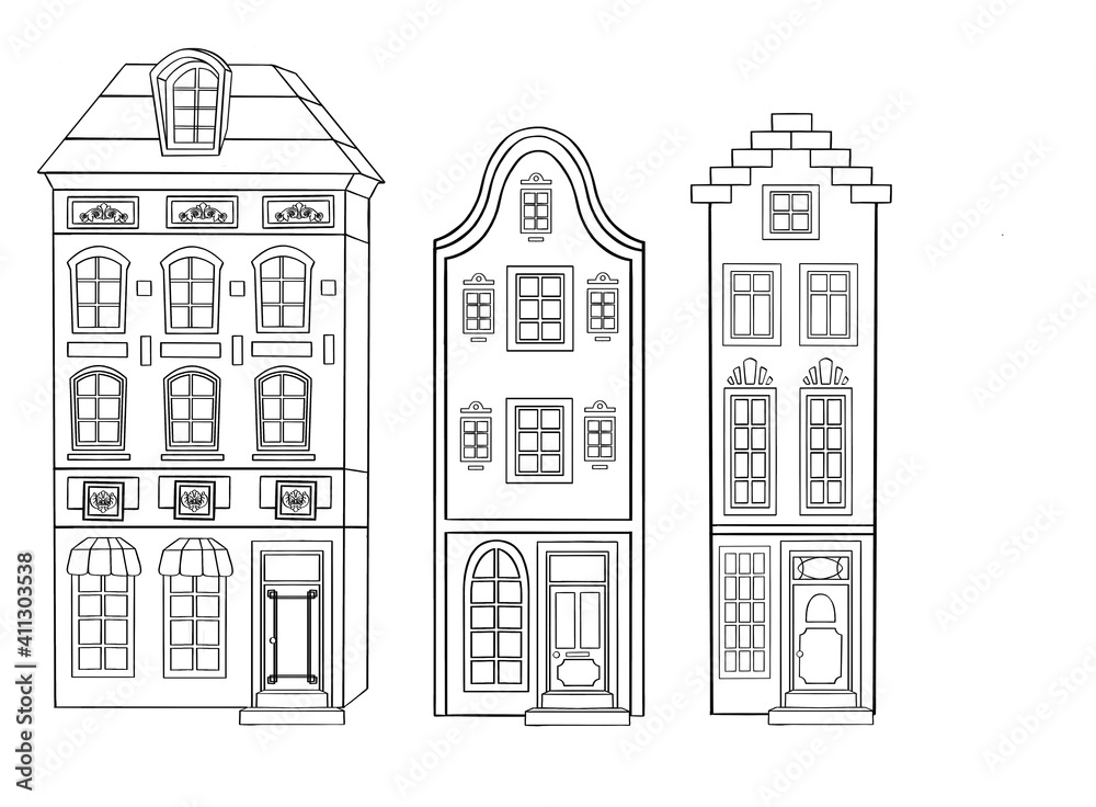 Set of hand-painted, decorative houses. Monochrome range. Vector illustration