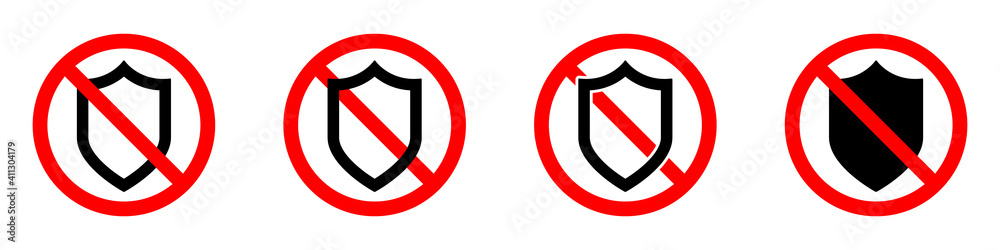 No protection icon. Shield ban icon. Shield is prohibited. Vector illustration. No protection icon. Shield ban icon. Shield is prohibited. Vector illustration.