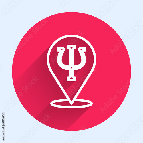 White line Psychology icon isolated with long shadow. Psi symbol. Mental health concept, psychoanalysis analysis and psychotherapy. Red circle button. Vector.