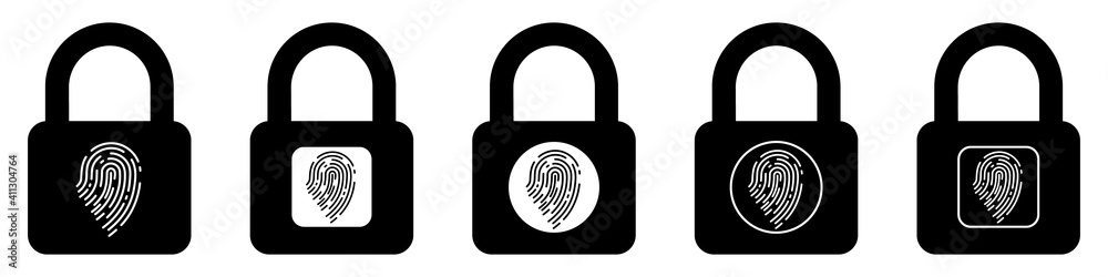 Fingerprint padlock icon. Scan fingerprint icon. Security concept icon. Fingerprint padlock icon. Scan fingerprint icon. Security concept icon.