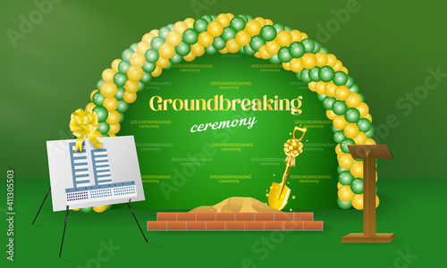 Groundbreaking ceremony for state-of-the-art building with balloons arch, plan of the future building, golden shovel, sand, bricks and podium tribune vector illustration