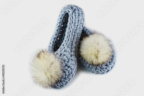 Crochet Grey Slippers with Pompoms