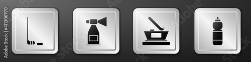 Set Ice hockey stick and puck, Air horn, Ice hockey cup champion and Fitness shaker icon. Silver square button. Vector.