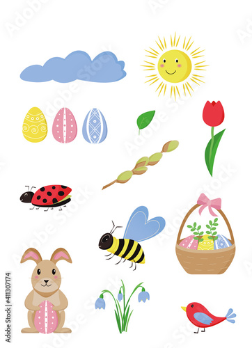 Fototapeta Naklejka Na Ścianę i Meble -  Spring set with cartoon bee, bird, ladybug, rabbit, eggs, basket, flowers. Flat elements. Vector illustration
