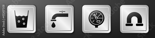 Set Glass with water, Water tap, Water meter and Industry metallic pipe icon. Silver square button. Vector.