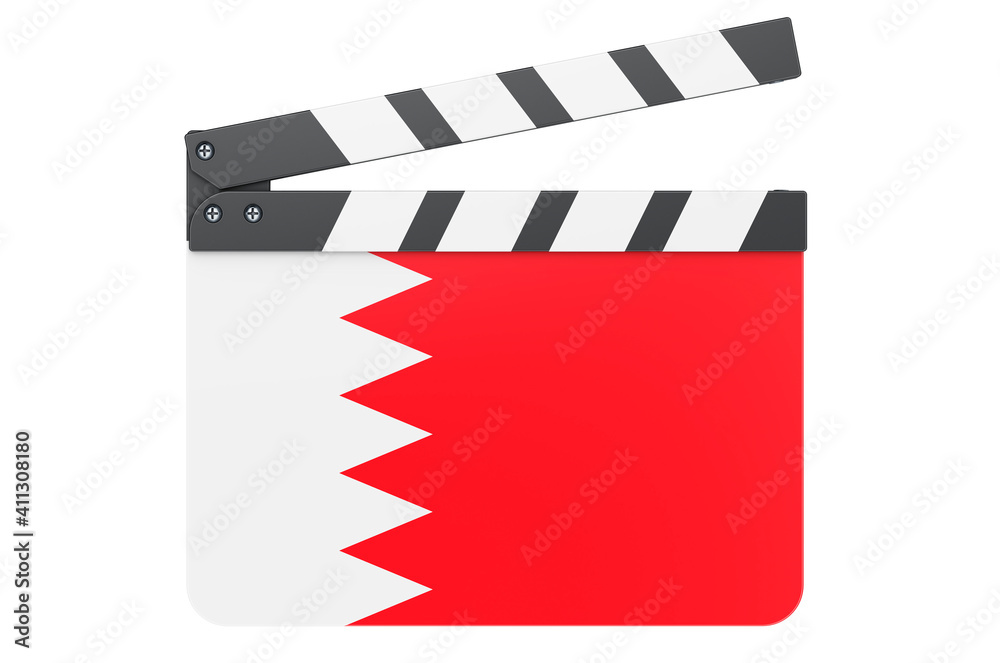 Movie clapperboard with Bahraini flag, film industry concept. 3D rendering