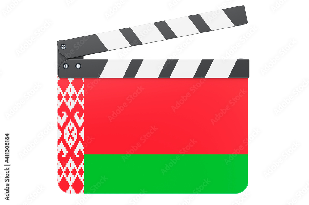 Movie clapperboard with Belarusian flag, film industry concept. 3D rendering