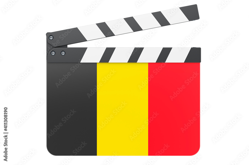 Movie clapperboard with Belgian flag, film industry concept. 3D rendering