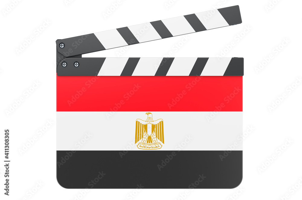 Movie clapperboard with Egyptian flag, film industry concept. 3D rendering
