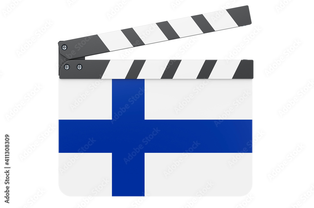 Movie clapperboard with Finnish flag, film industry concept. 3D rendering
