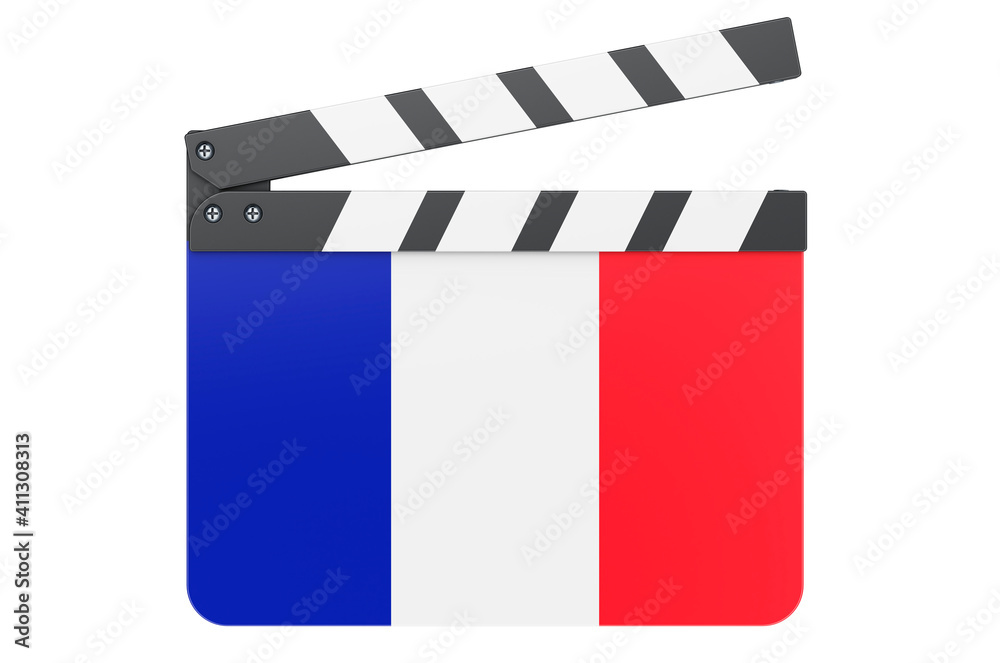 Movie clapperboard with French flag, film industry concept. 3D rendering