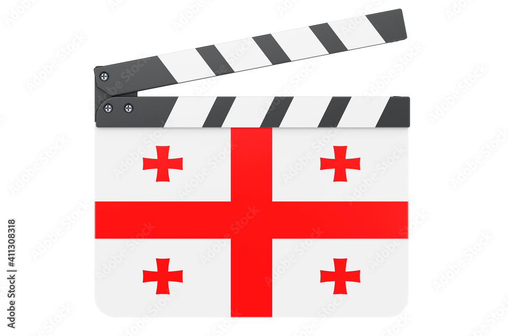 Movie clapperboard with Georgian flag, film industry concept. 3D rendering