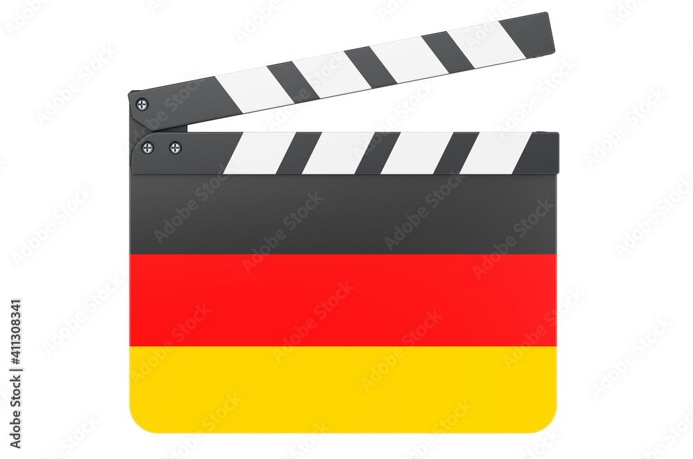 Movie clapperboard with German flag, film industry concept. 3D rendering