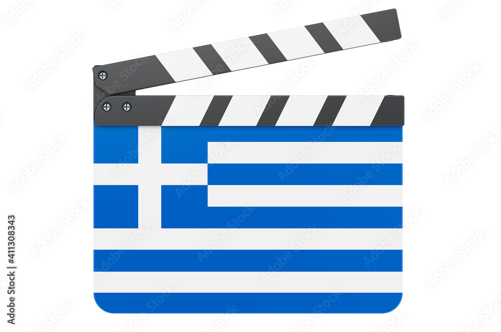 Movie clapperboard with Greek flag, film industry concept. 3D rendering