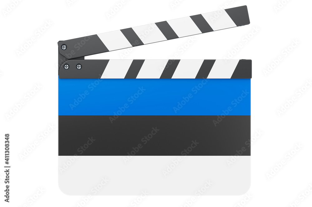 Movie clapperboard with Estonian flag, film industry concept. 3D rendering