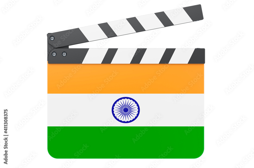 Movie clapperboard with Indian flag, film industry concept. 3D rendering