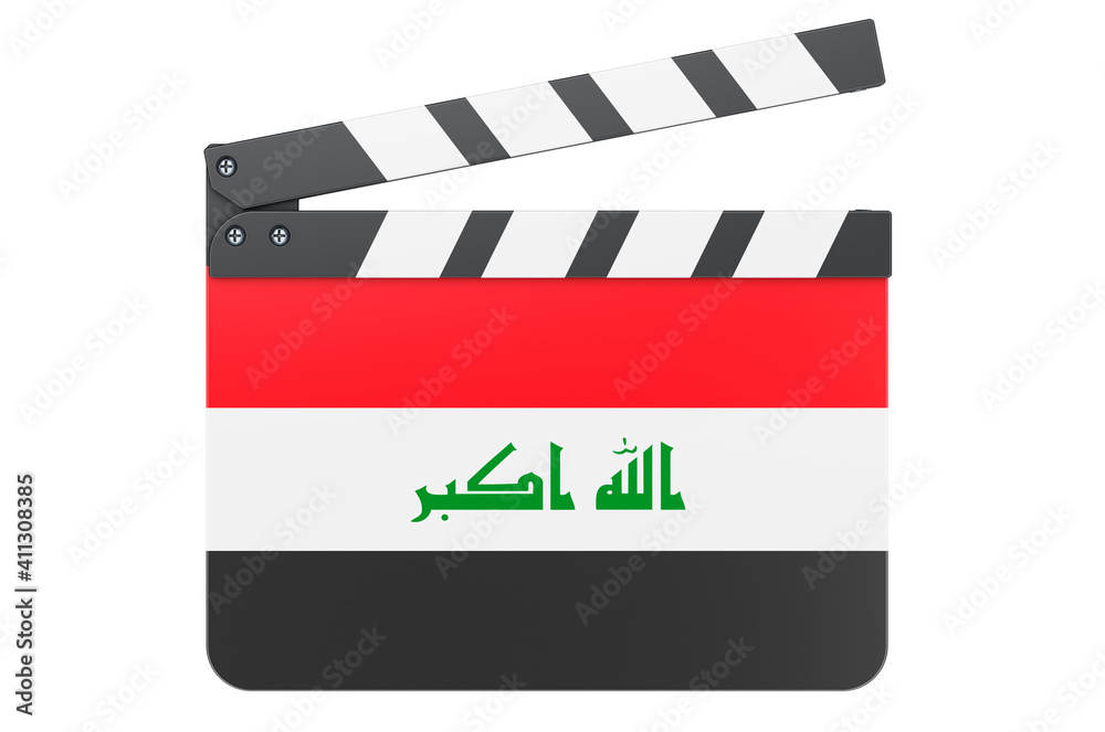 Movie clapperboard with Iraqi flag, film industry concept. 3D rendering