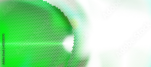 Green and white abstract background textured by hexagons, unearthly technologies, circle blurred interface with hexs. Perforated cover. Minimal composition with hex shapes. Vector illustration Eps 10