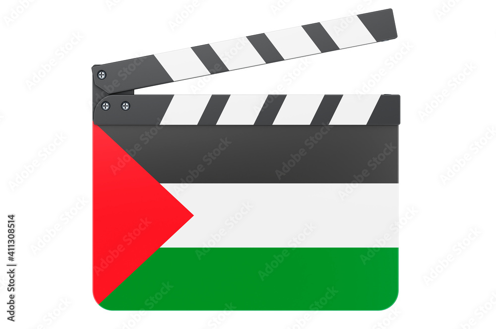 Movie clapperboard with Palestinian flag, film industry concept. 3D rendering