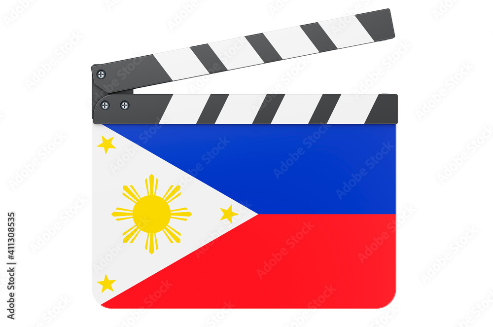 Movie clapperboard with Philippines flag, film industry concept. 3D rendering