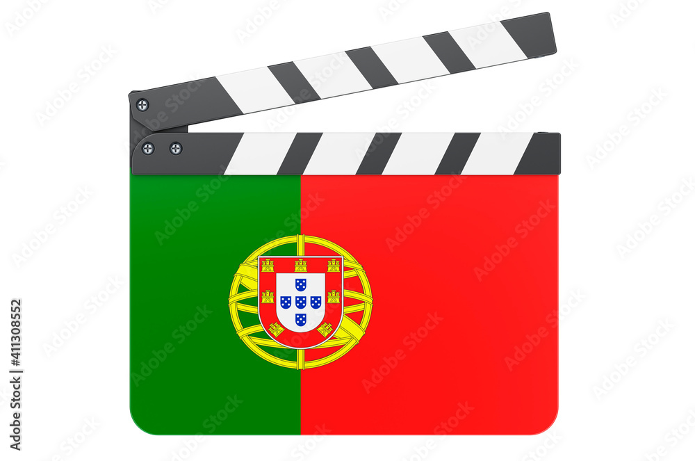 Movie clapperboard with Portuguese flag, film industry concept. 3D rendering