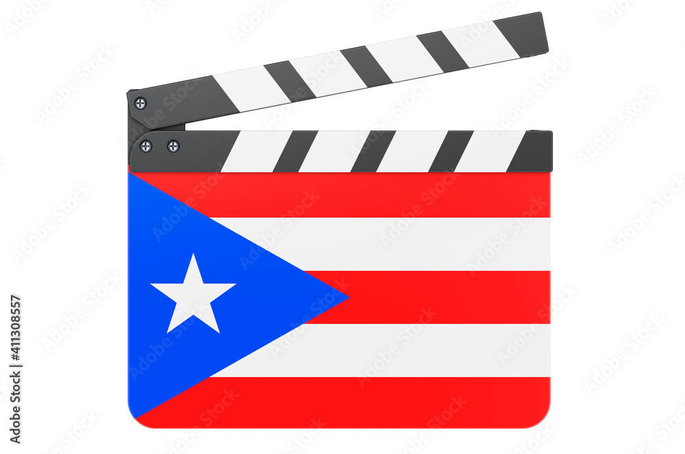 Movie clapperboard with Puerto Rican flag, film industry concept. 3D rendering