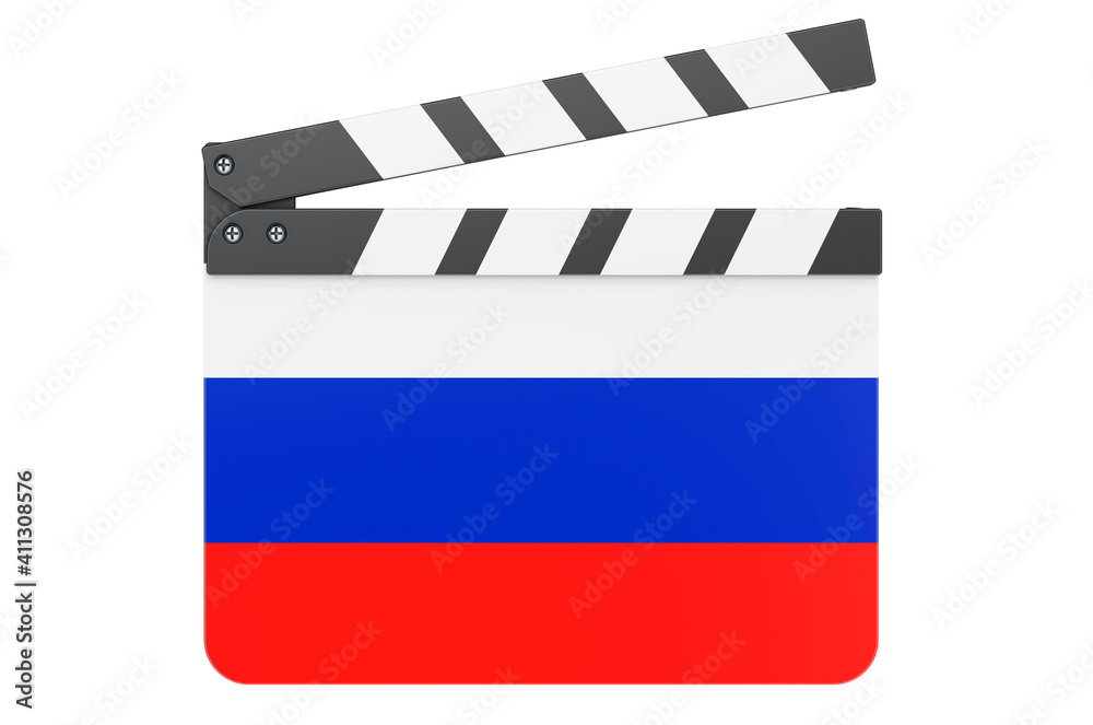 Movie clapperboard with Russian flag, film industry concept. 3D rendering