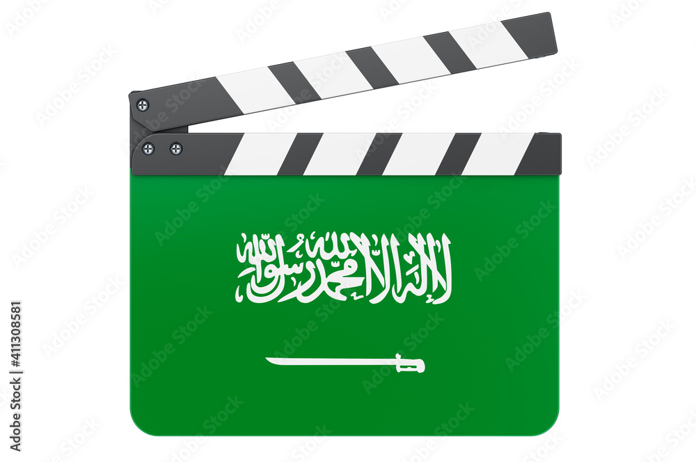 Movie clapperboard with Saudi Arabian flag, film industry concept. 3D rendering