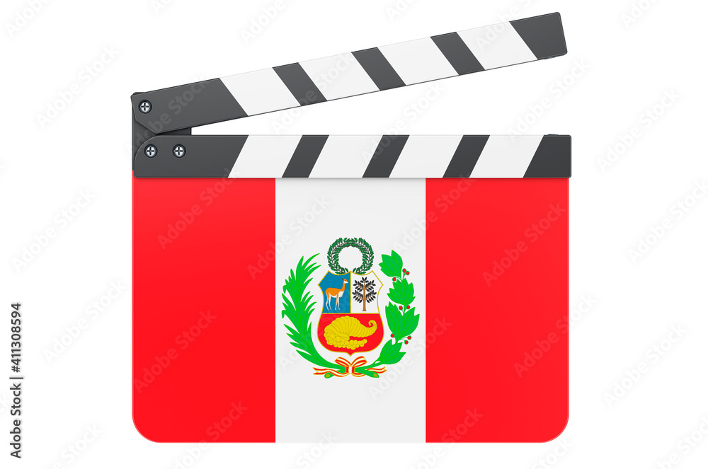 Movie clapperboard with Peruvian flag, film industry concept. 3D rendering
