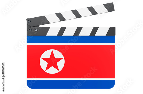 Movie clapperboard with North Korean flag, film industry concept. 3D rendering