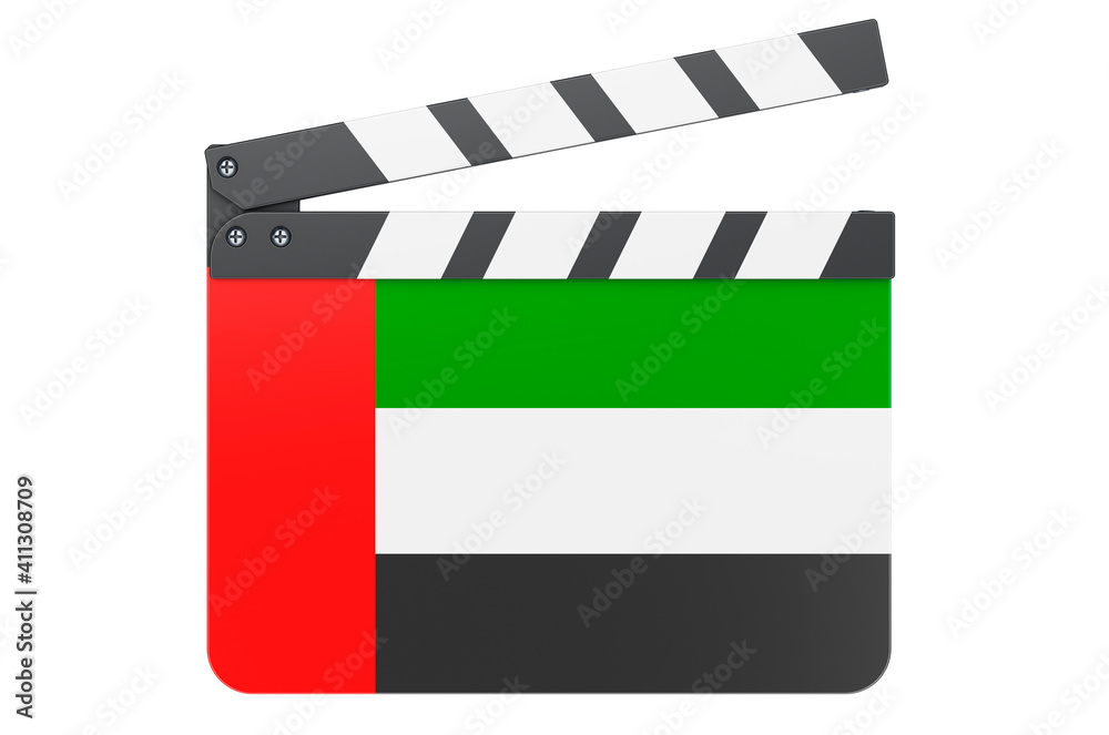 Movie clapperboard with the UAE flag, film industry concept. 3D rendering