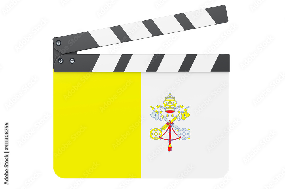 Movie clapperboard with Vatican flag, film industry concept. 3D rendering