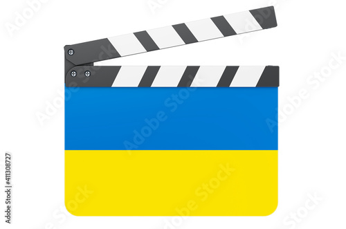 Movie clapperboard with Ukrainian flag, film industry concept. 3D rendering