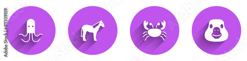 Set Octopus, Horse, Crab and Goose bird icon with long shadow. Vector.