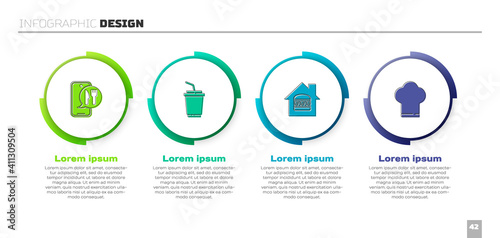 Set Online ordering and delivery, Paper glass with water, and Chef hat. Business infographic template. Vector.