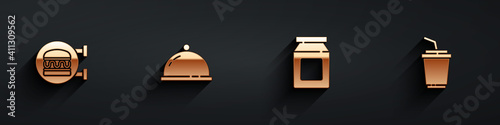 Set Online ordering burger delivery, Covered with a tray of food, and and Paper glass water icon with long shadow. Vector.