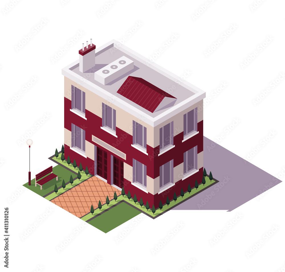 Isometric educational building. Architecture of modern city historic educational icon. Public library, university school or government. Vector isometric icon or infographic element. High detalied