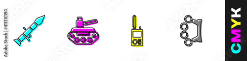 Set Rocket launcher, Military tank, Walkie talkie and Brass knuckles icon. Vector.