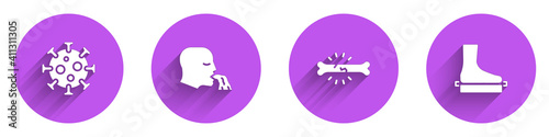 Set Virus, Vomiting man, Bone pain and Flat foot icon with long shadow. Vector.