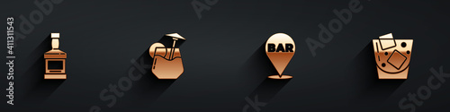 Set Whiskey bottle, Cocktail, Alcohol bar location and Glass of whiskey icon with long shadow. Vector.