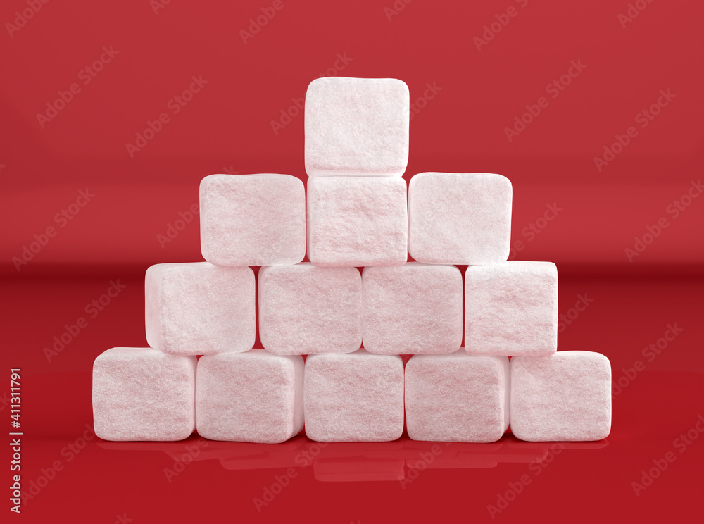 heap of sugar cubes on red background, 3d render heap of sugar cubes on red background, 3d render