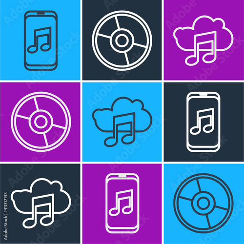 Set line Music player, Music streaming service and CD or DVD disk icon. Vector.