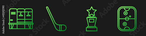 Set line Award cup, Locker or changing room, Ice hockey stick and Air hockey table. Gradient color icons. Vector.