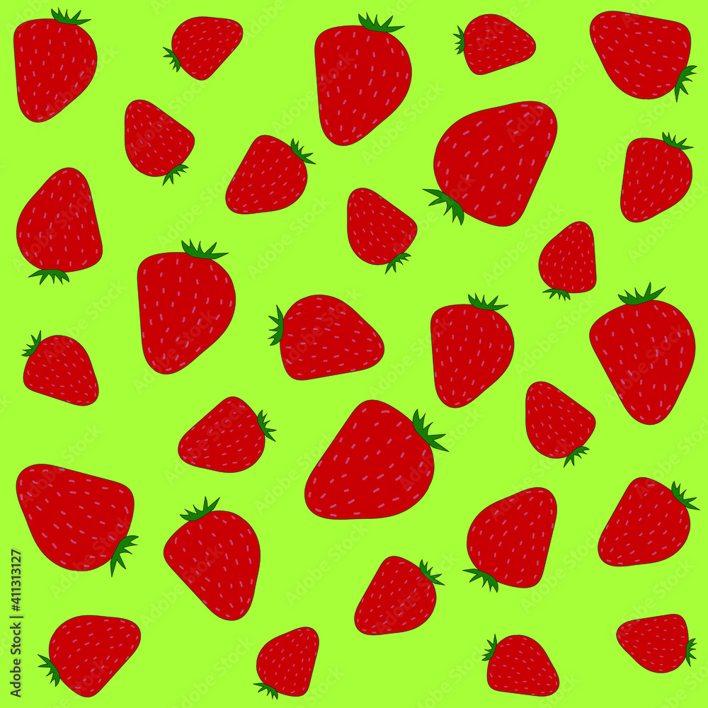 Strawberries pattern on a green background