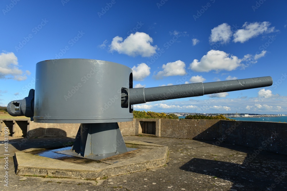 Noirmont point, Jersey, U.K. WW2 German occupation weapon and bunker with sunny Winter weather. Noirmont point, Jersey, U.K. WW2 German occupation weapon and bunker with sunny Winter weather.