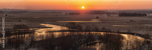 The panorama of sunrise on the river.